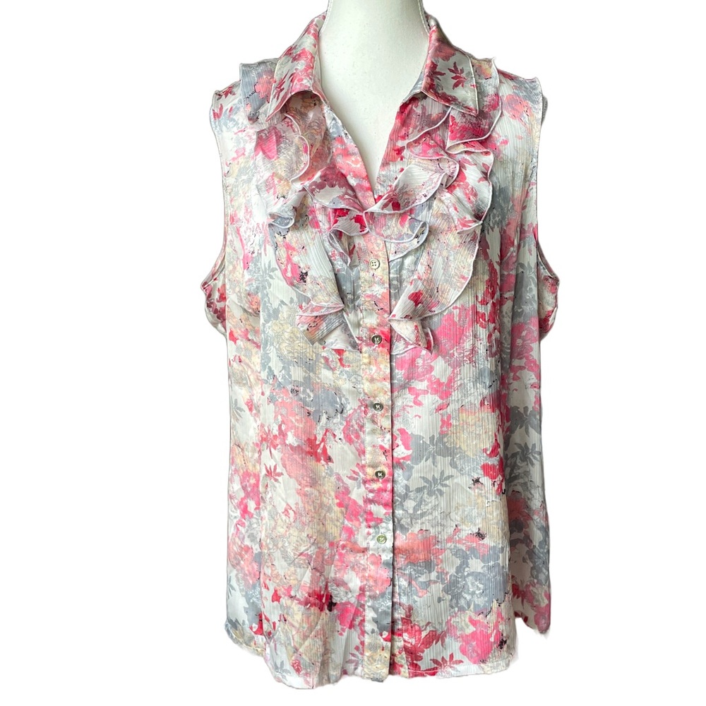 Tahari Sleeveless Floral Print Ruffle Front Blouse
